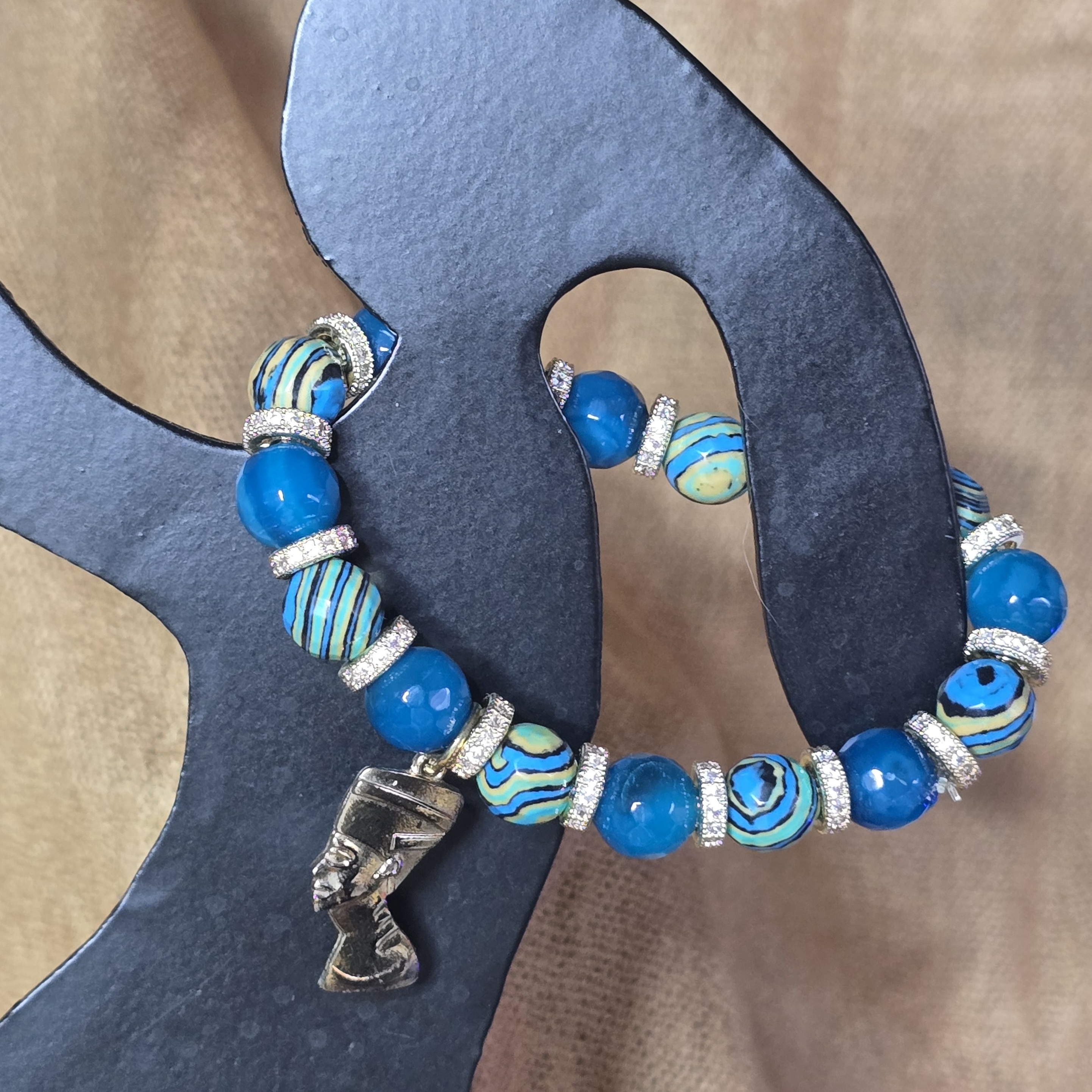 Stunning Blue Stone Beaded Bracelet With Gold-Tone Nefertiti Charm